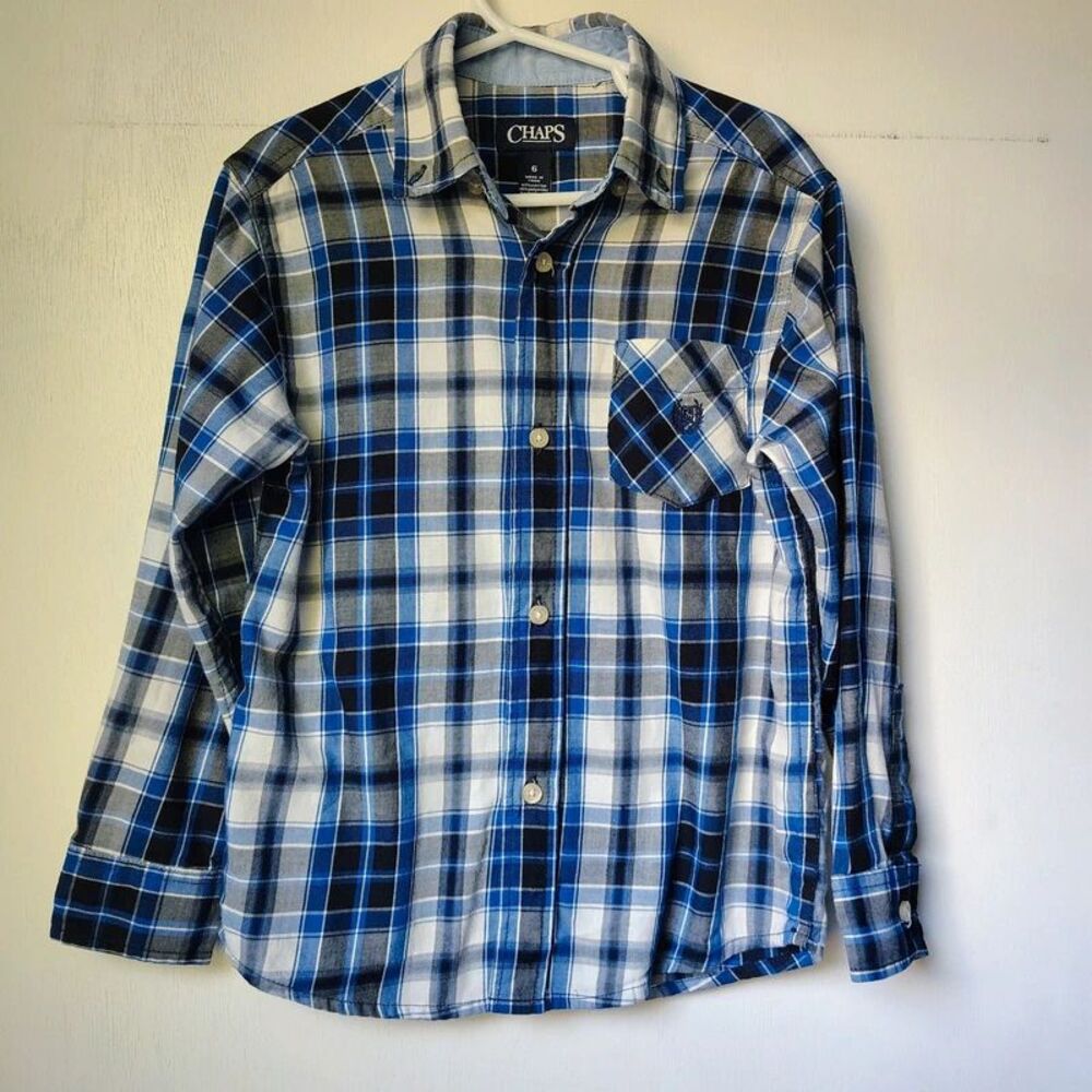 Chaps Boys Long Sleeve Plaid Button-Down Shirt Size 6 Blue Black White